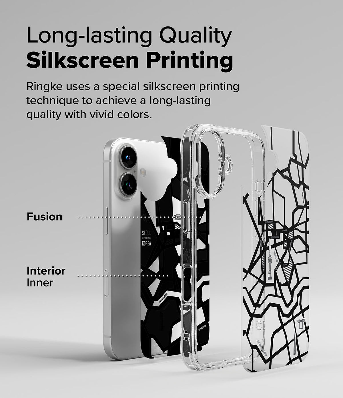 iPhone 16 Case | Fusion Design - Exploded view of a clear phone case with a Seoul map print and an interior graphic layer.