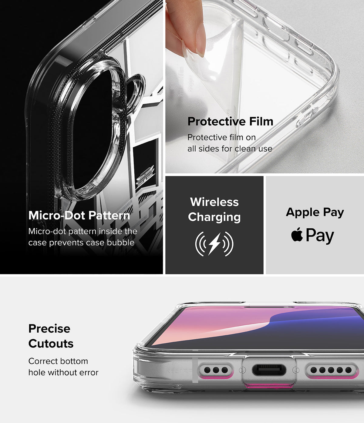iPhone 16 Case | Fusion Design - Clear case features, micro-dot pattern, protective film, wireless charging, and precise cutouts.