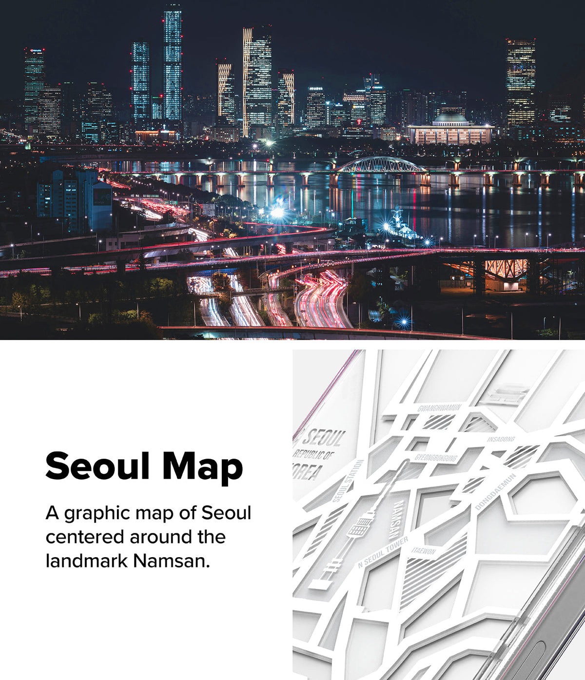iPhone 16 Case | Fusion Design - Nighttime Seoul skyline above a white 3D graphic map of Seoul featuring Namsan and city landmarks.