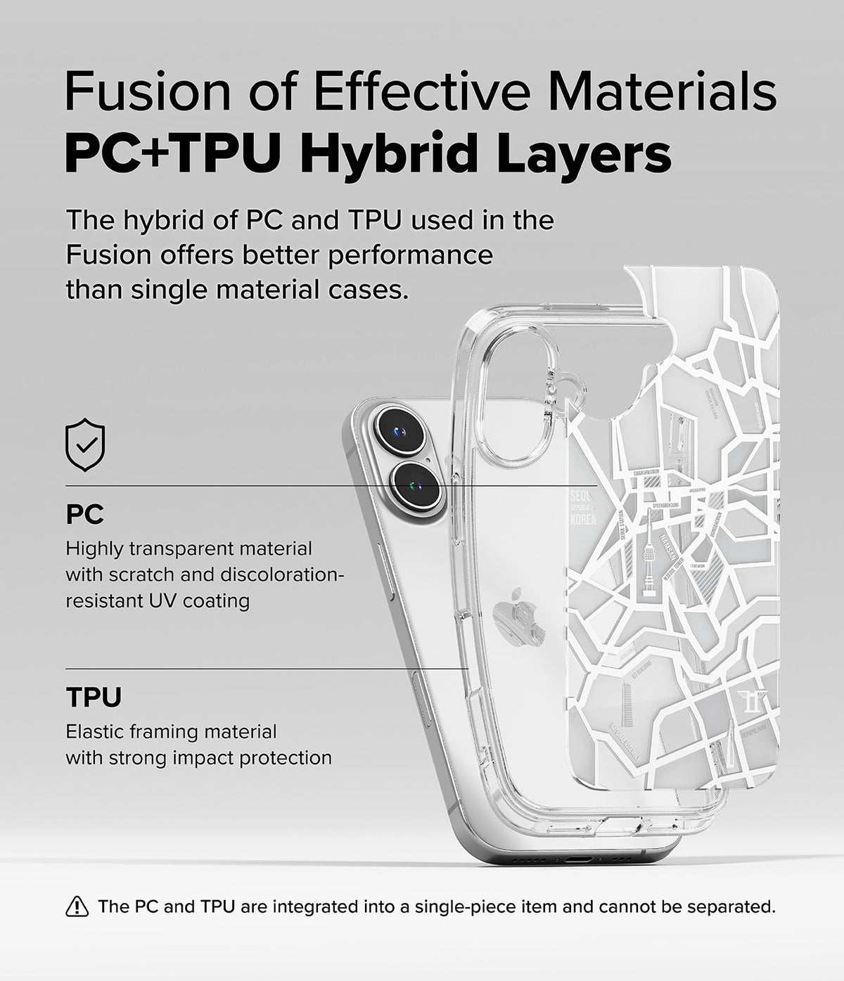 iPhone 16 Case | Fusion Design - Clear phone case with a Seoul map print, highlighting PC and TPU hybrid material layers.