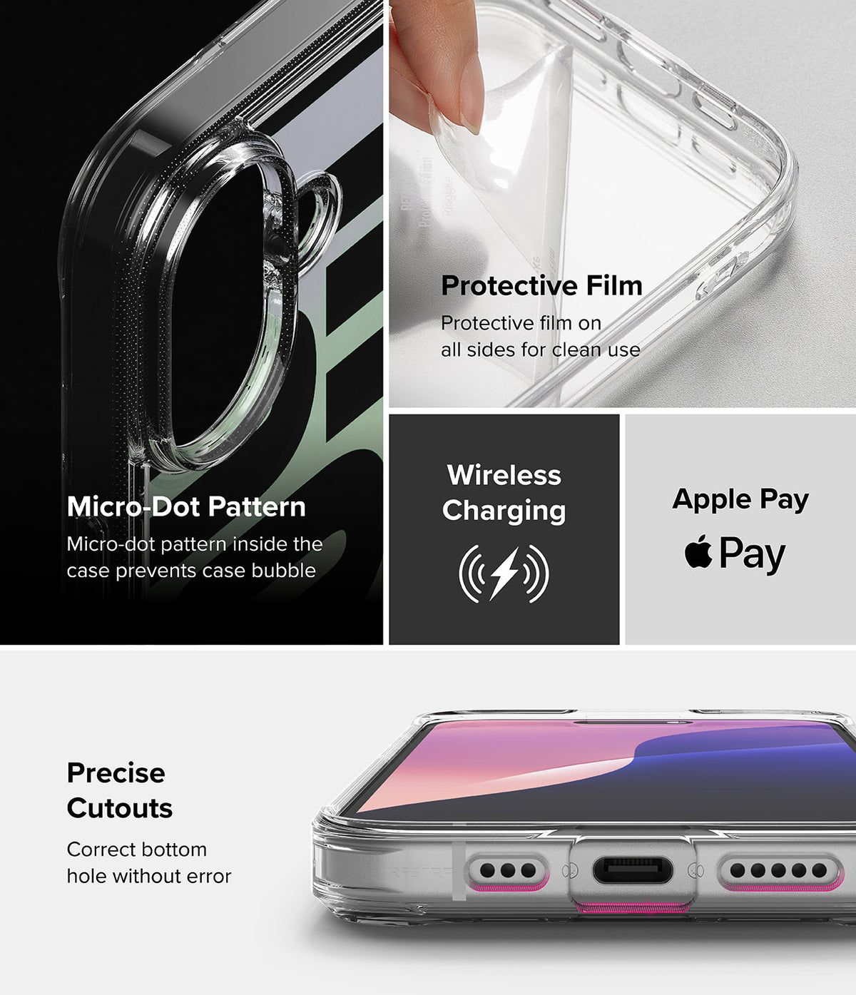 iPhone 16 Case | Fusion Design - Clear case features, micro-dots, protective film, wireless charging, and precise cutouts.