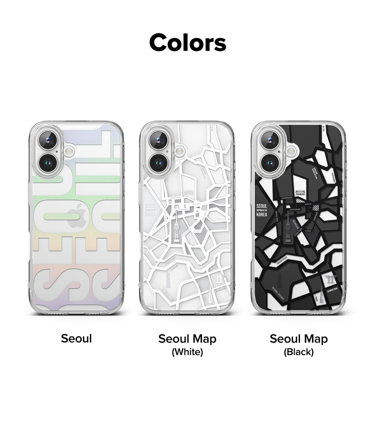 iPhone 16 Case | Fusion Design - Three iPhone 16 cases featuring Seoul-themed designs in pastel, white map, and black map styles.