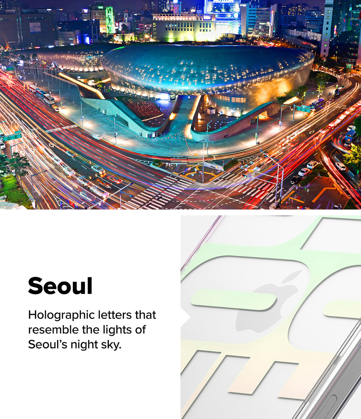 iPhone 16 Case | Fusion Design - Seoul-themed phone case with holographic letters inspired by Seoul's illuminated night cityscape.