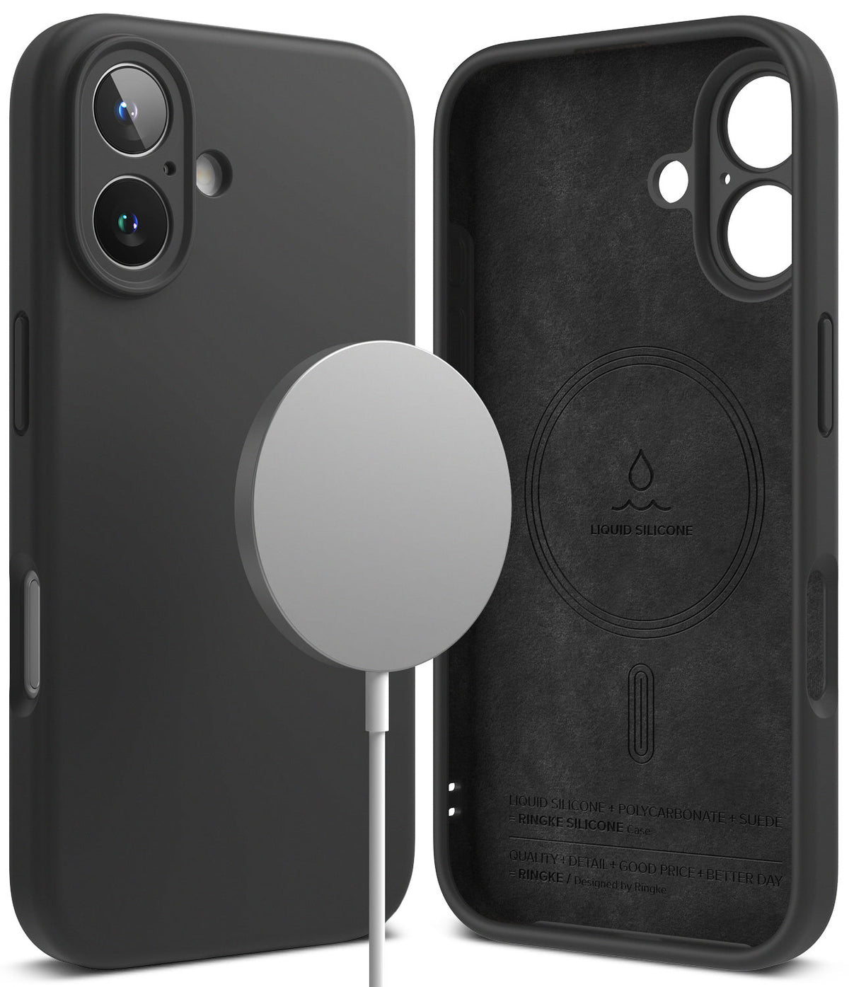 iPhone 16 Plus Case | Silicone Magnetic - Black magnetic silicone case for iPhone 16 Plus with interior branding.