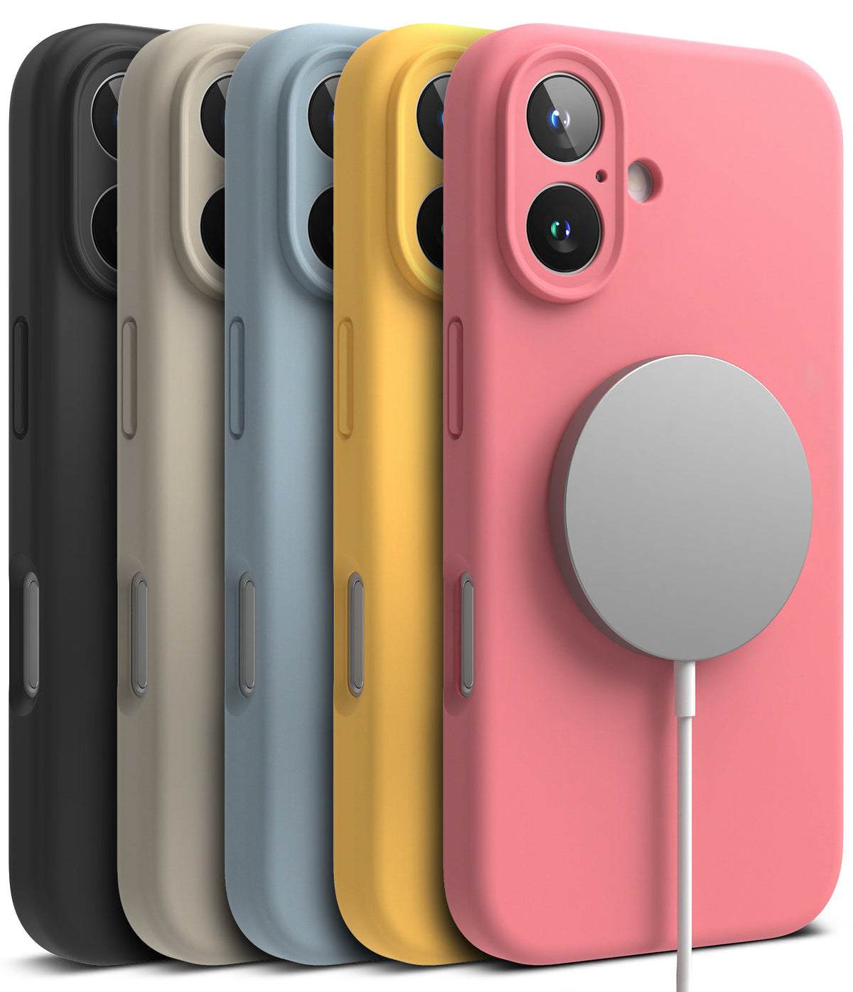 iPhone 16 Plus Case | Silicone Magnetic - Five colorful silicone iPhone 16 Plus cases lined up with a magnetic charger.