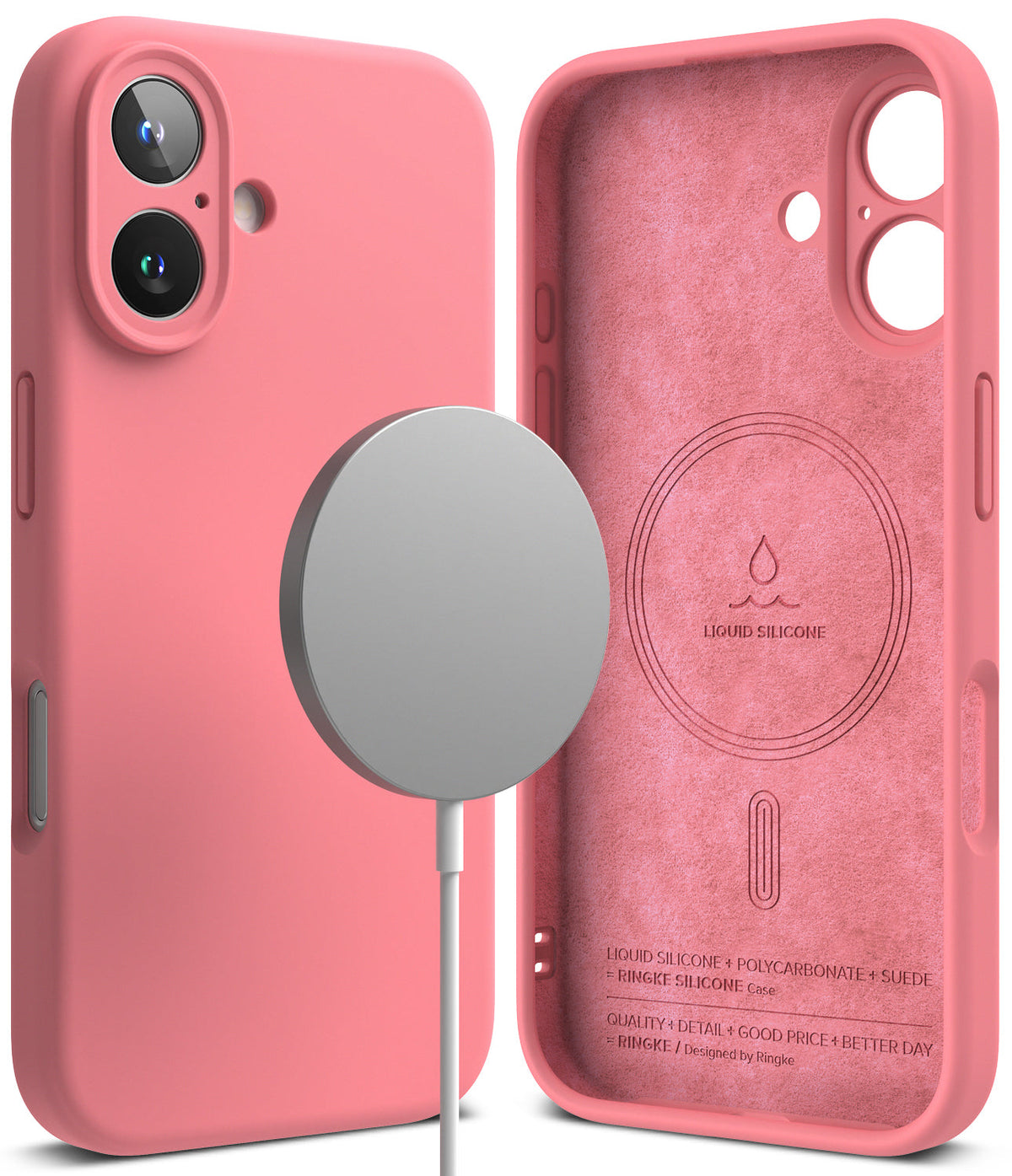 iPhone 16 Plus Case | Silicone Magnetic - Pink liquid silicone case with magnetic charger and suede-lined interior.