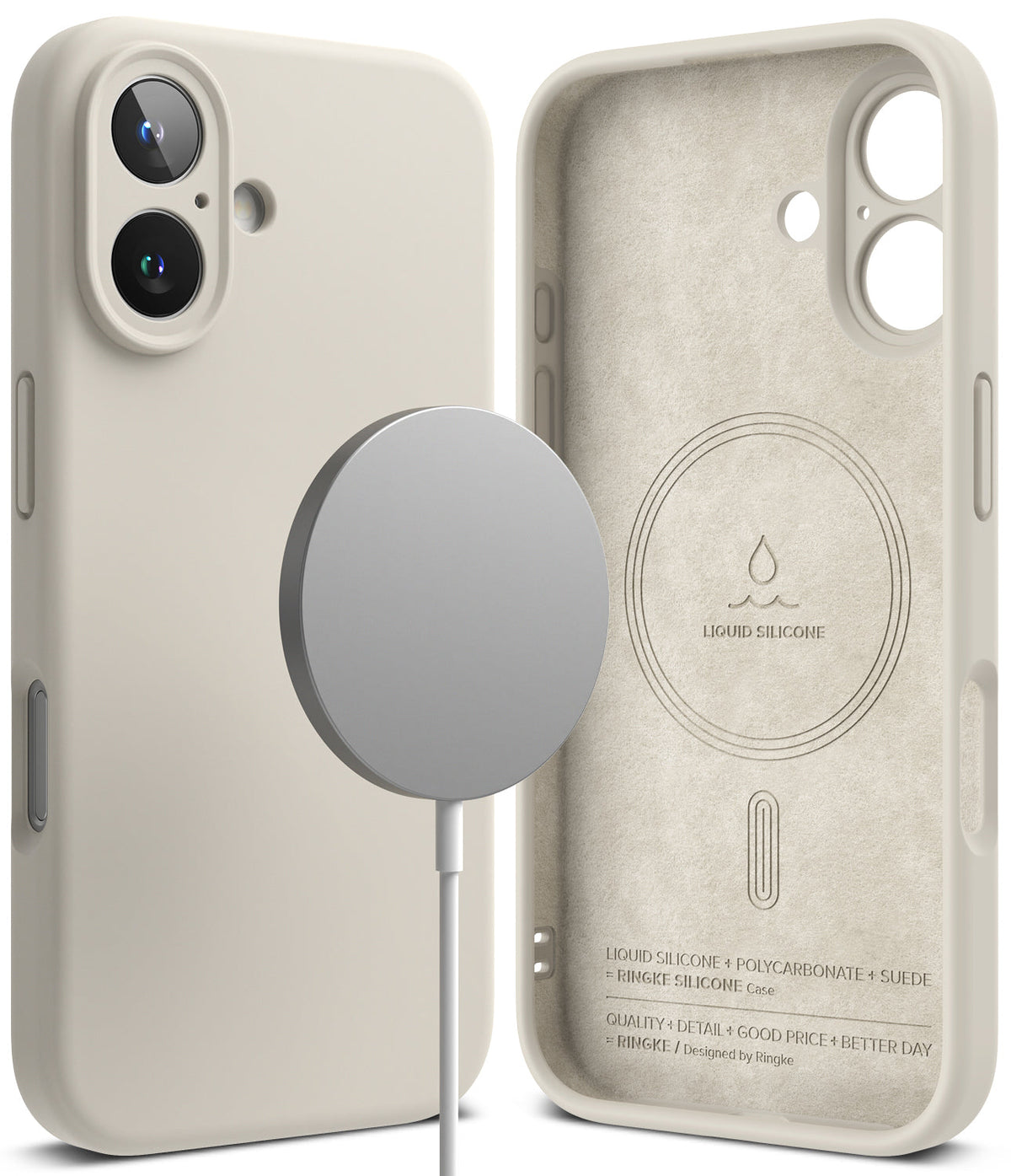 iPhone 16 Plus Case | Silicone Magnetic - Beige silicone case with magnetic charger and suede-lined interior.