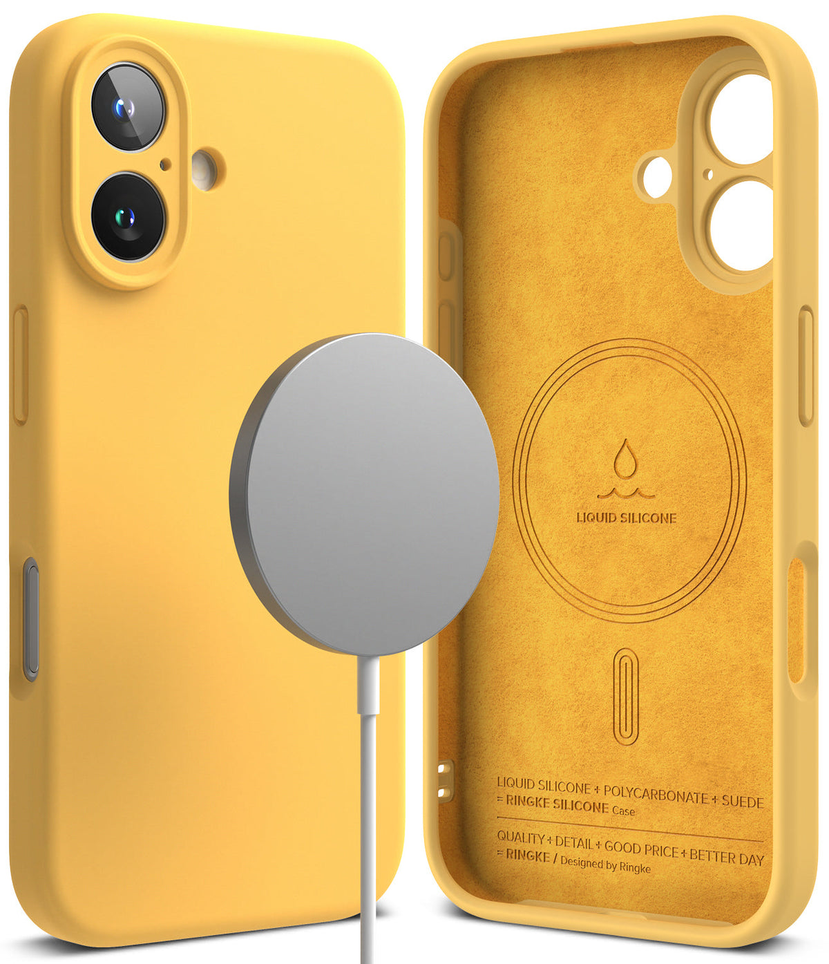 iPhone 16 Plus Case | Silicone Magnetic - Yellow silicone case with magnetic charger and suede-lined interior.