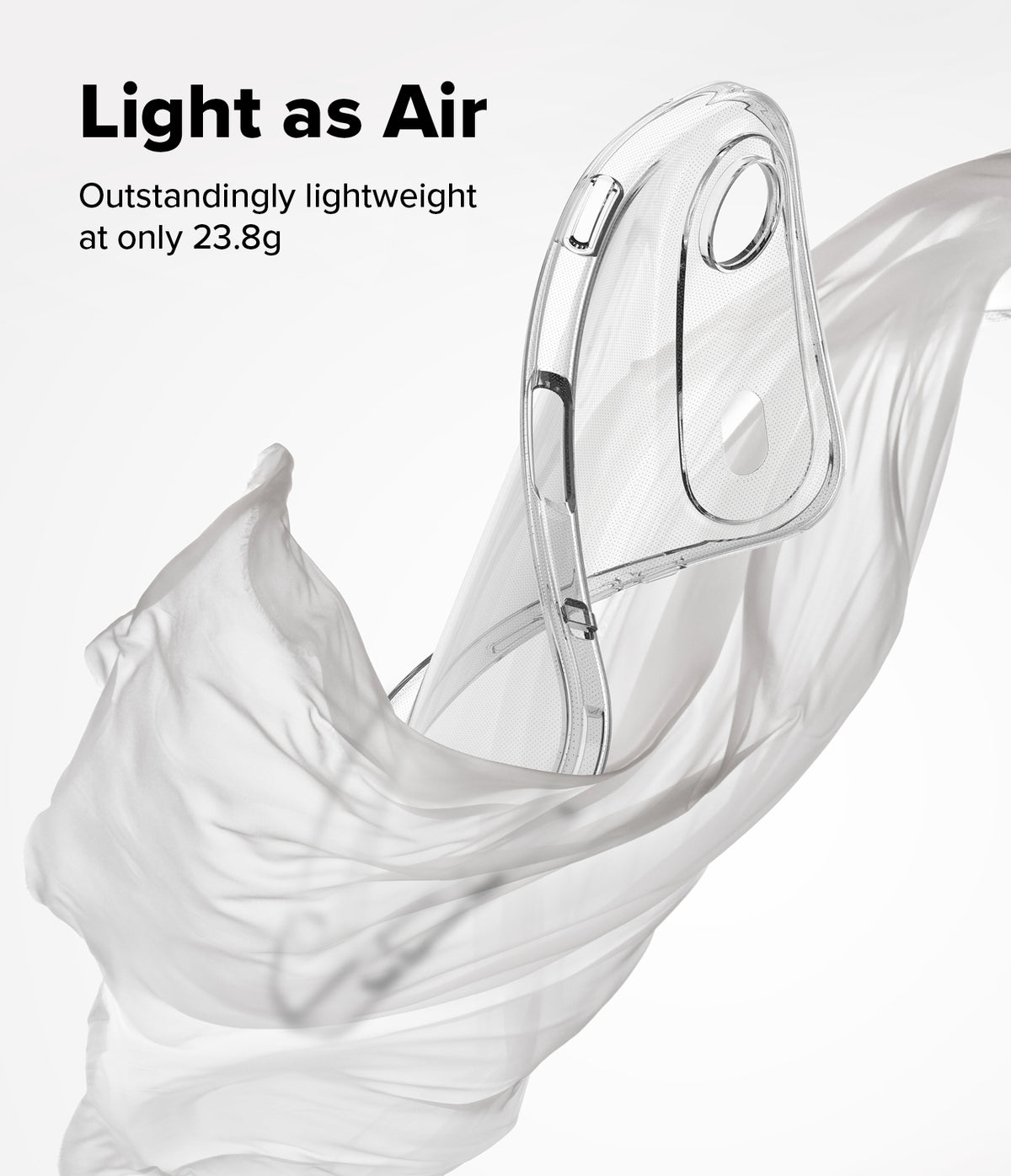 iPhone Air Case | Air - A clear, lightweight phone case floating amidst flowing white fabric with text about its weight.