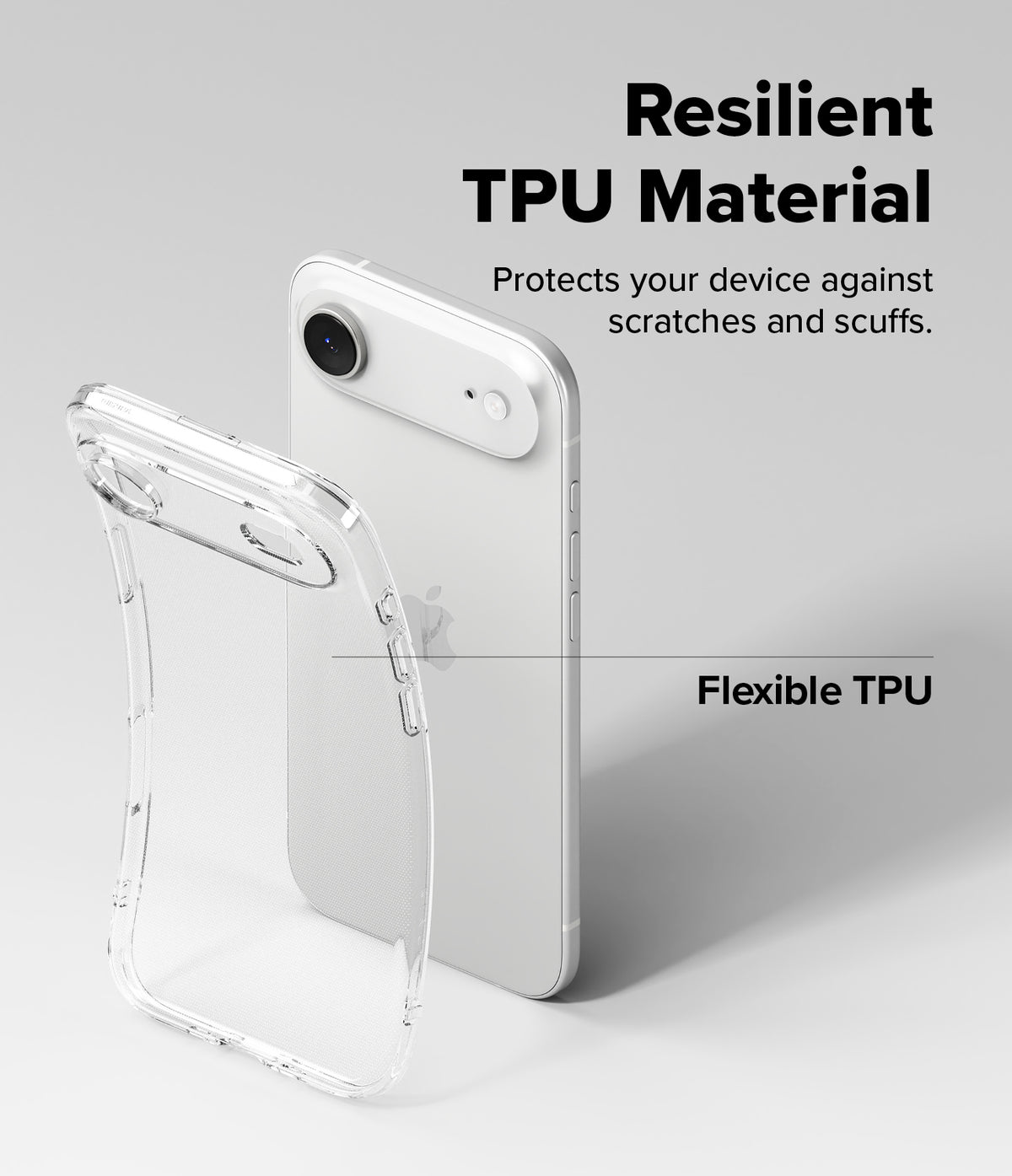 iPhone Air Case | Air - A flexible, transparent TPU phone case shown next to a silver iPhone with text highlighting its durability.