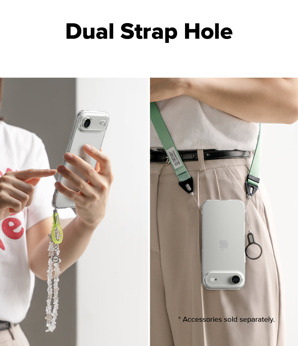 iPhone Air Case | Air - Clear phone case with dual strap holes attached to a green lanyard and beaded wrist strap.