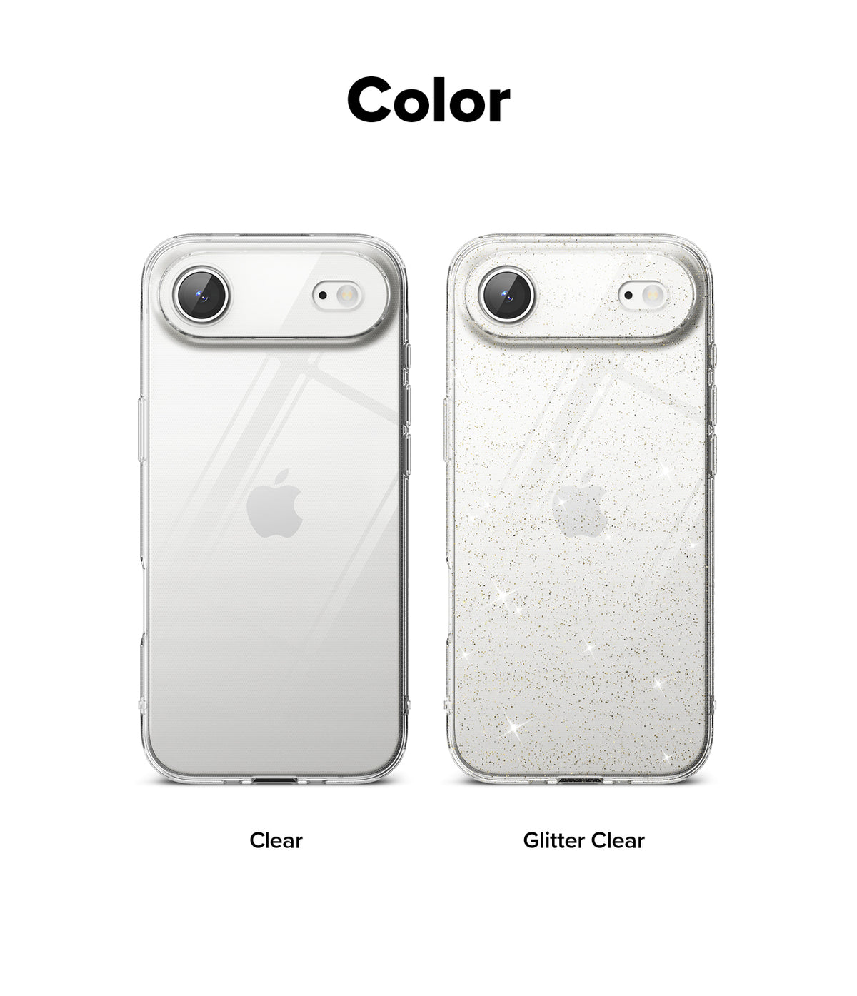 iPhone Air Case | Air - Two phone cases shown side-by-side: one transparent clear and one clear with embedded silver glitter.
