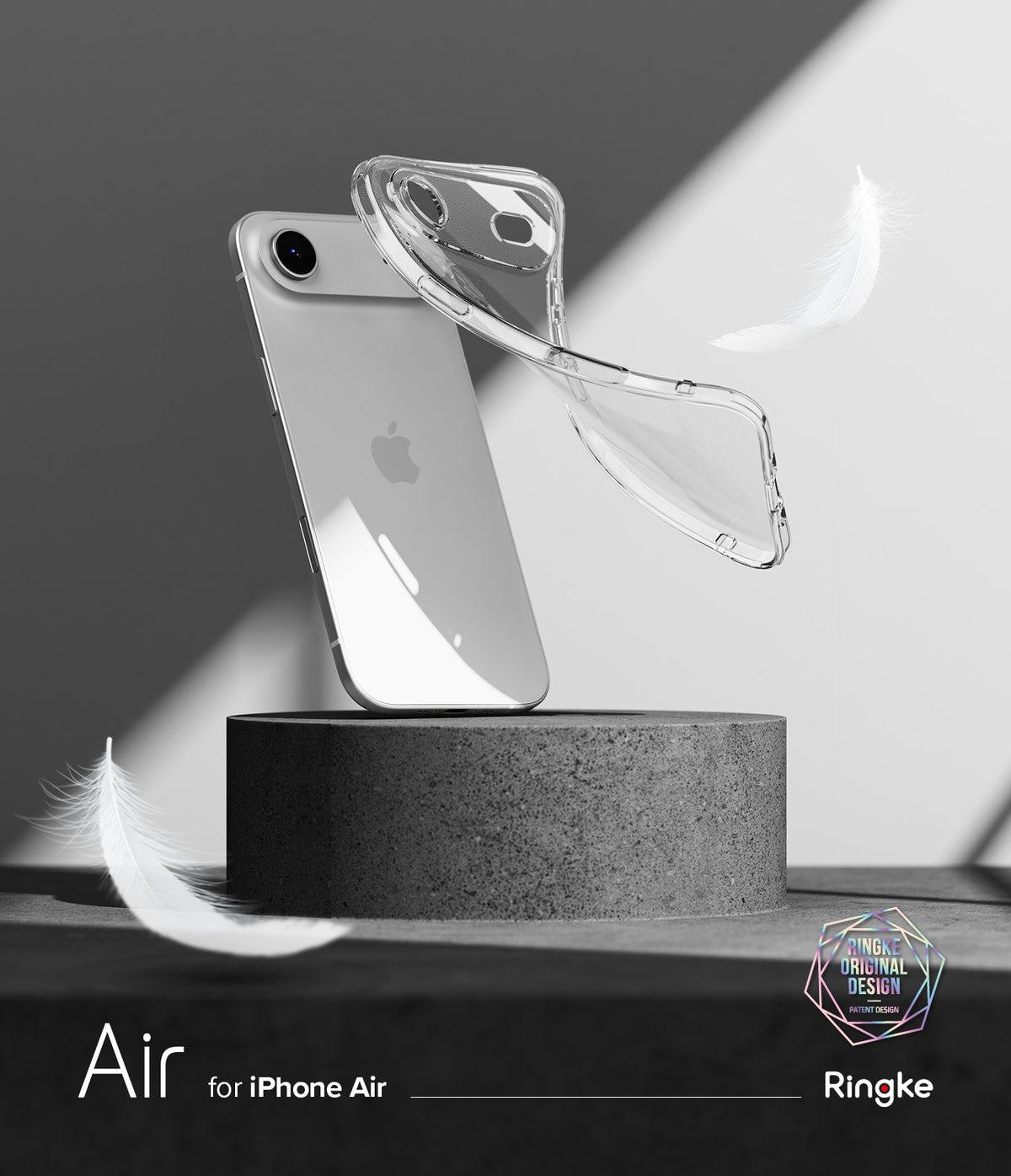 iPhone Air Case | Air - A clear phone case floating above a silver iPhone on a stone pedestal with white feathers.