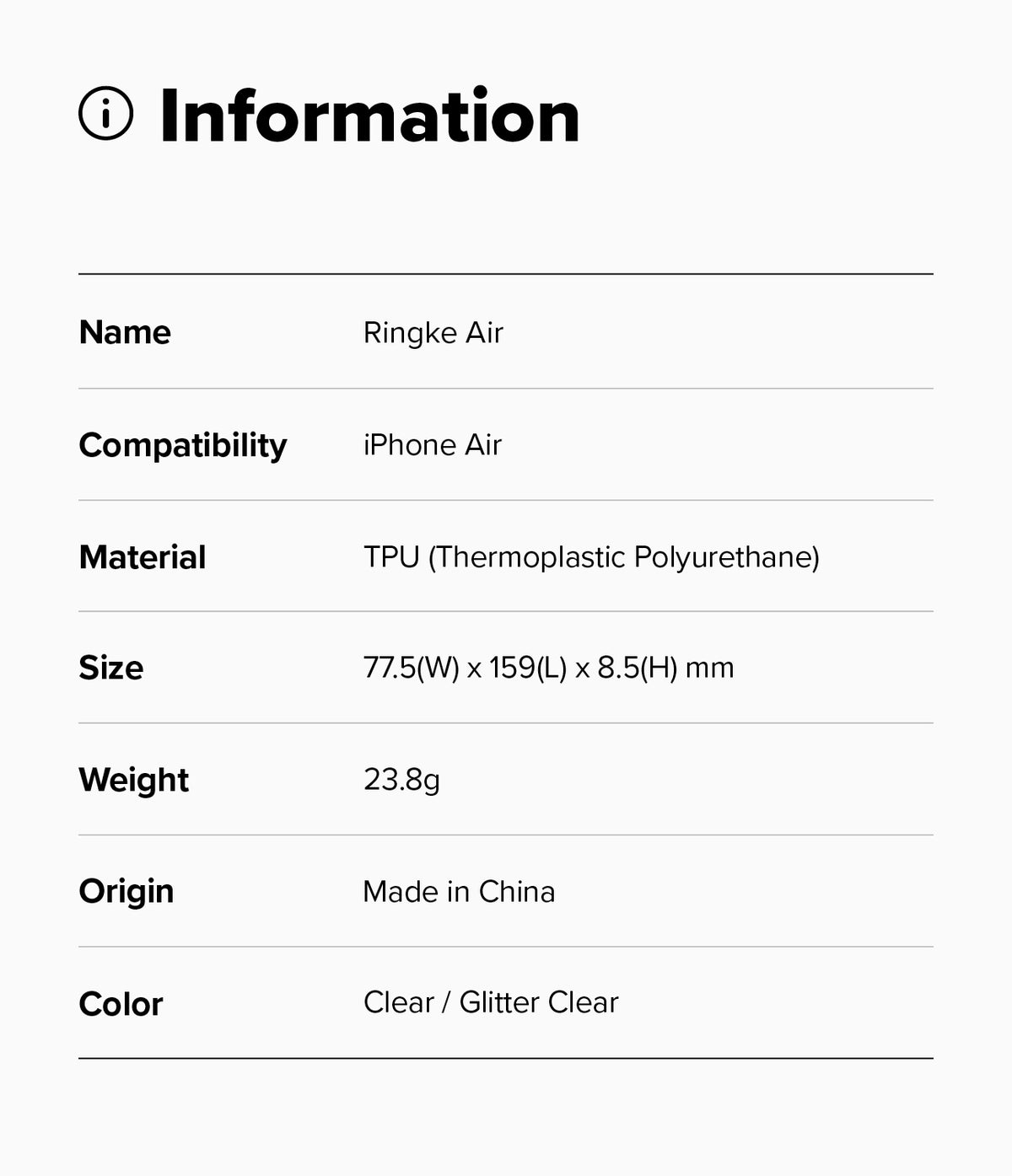 iPhone Air Case | Air - Information table listing product name, compatibility, material, size, weight, origin, and color.