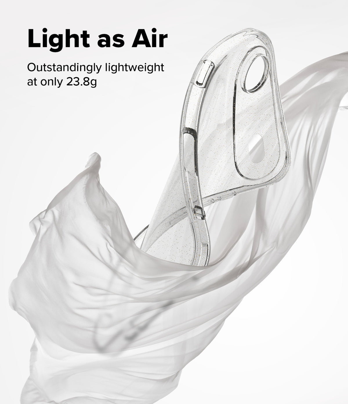 iPhone Air Case | Air - iPhone Air Case - A clear, lightweight phone case floating amidst flowing white fabric with text about its light weight.