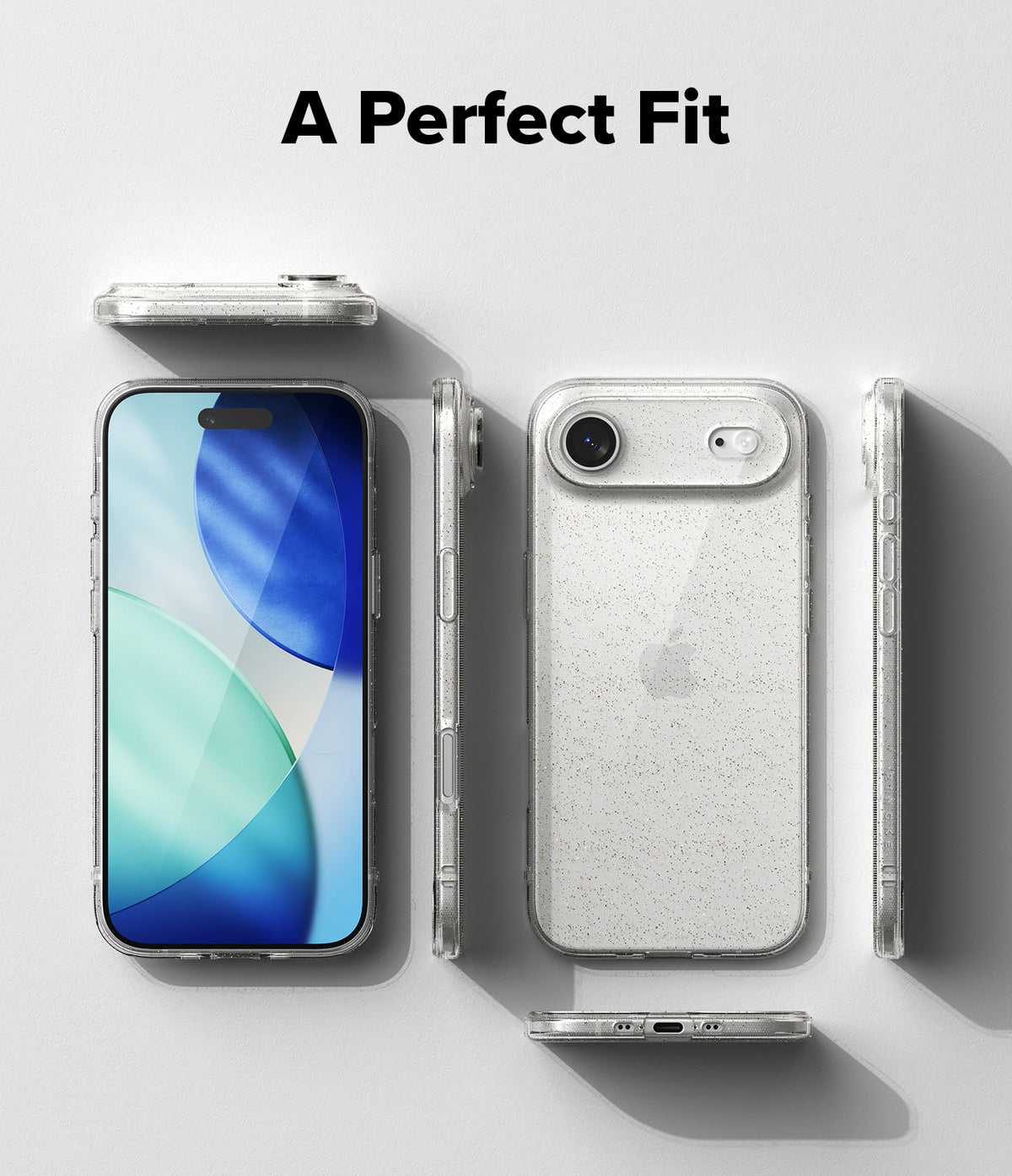 iPhone Air Case | Air - Exploded view of a clear, glittery iPhone case showing front, back, and side profiles on a white background.