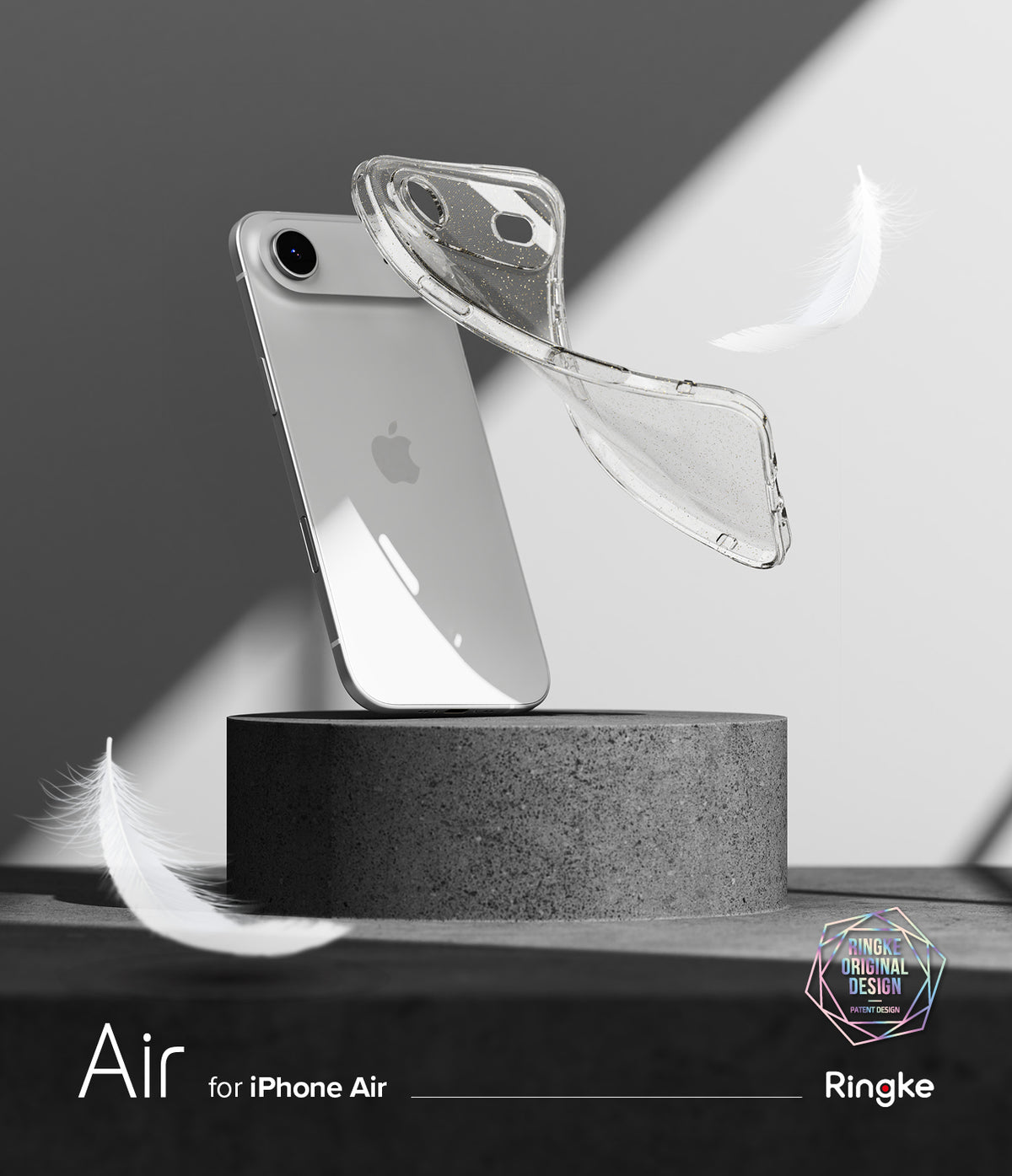 iPhone Air Case | Air - A clear, glittery phone case floating beside a silver iPhone on a stone pedestal with white feathers.