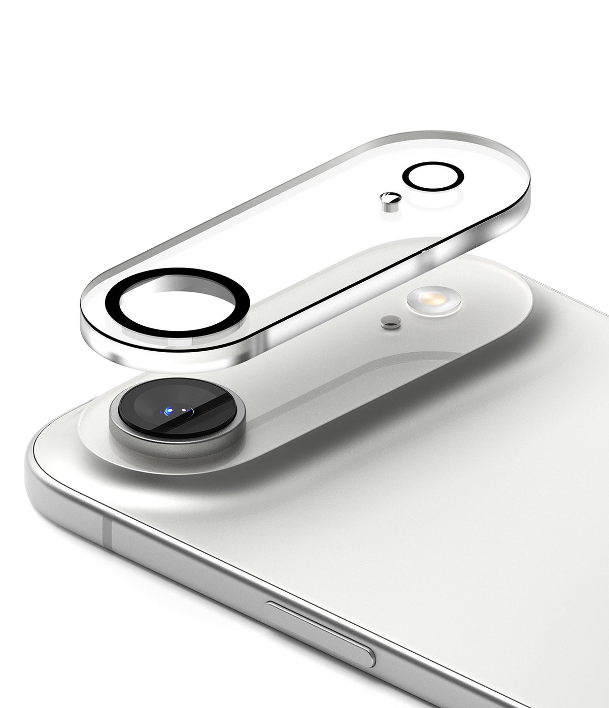 iPhone Air | Camera Glass - A protective glass cover hovering above the rear camera module of a white smartphone.