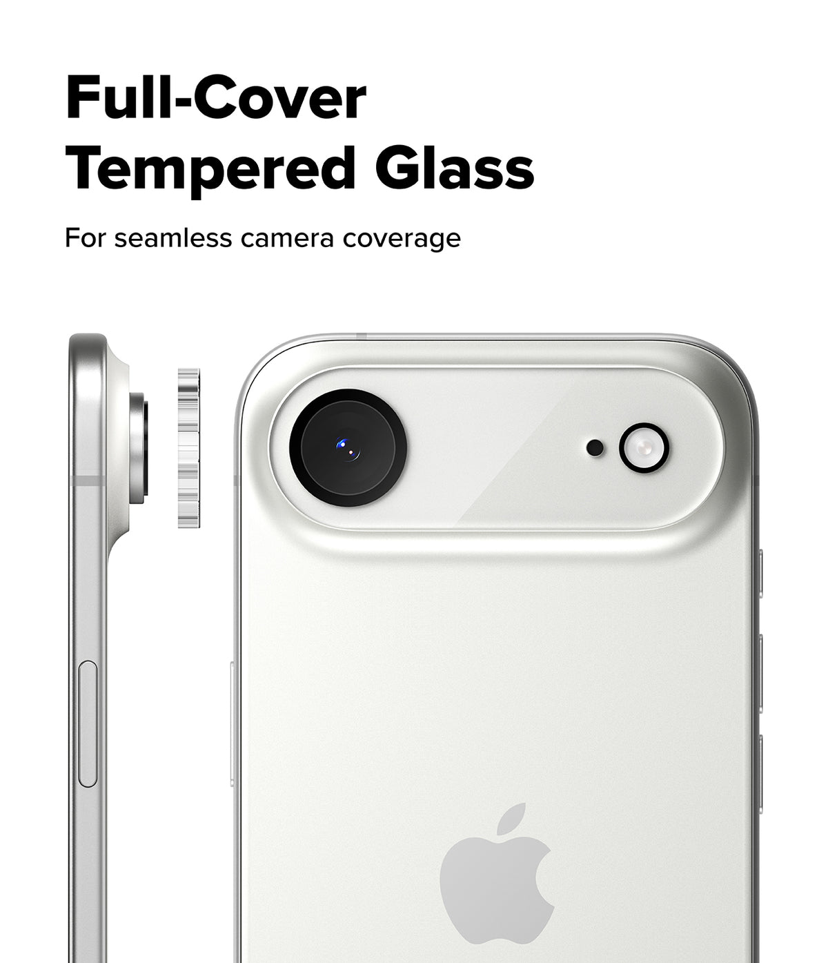 iPhone Air | Camera Glass - Tempered glass protector hovering over a silver smartphone camera module.
