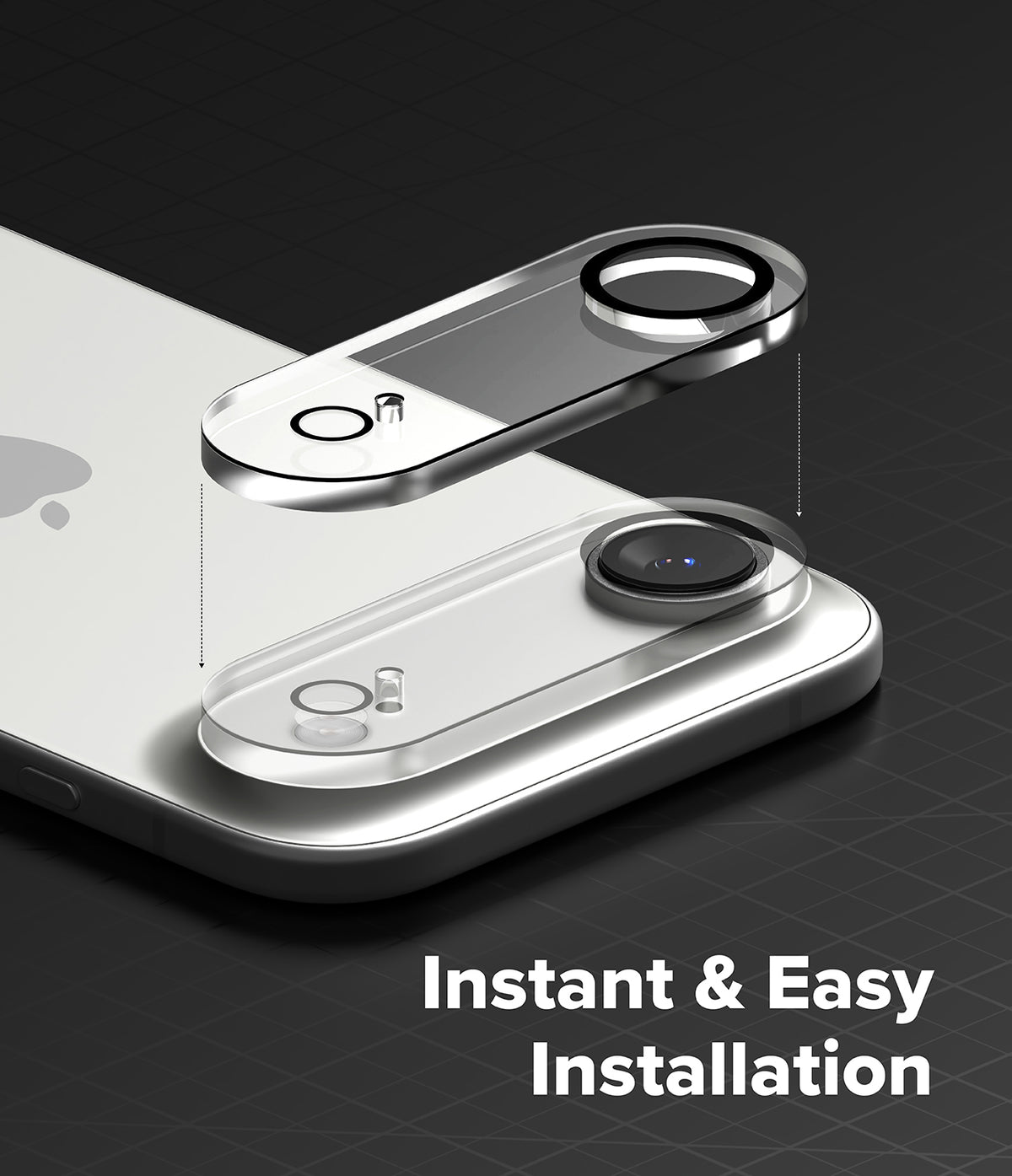 iPhone Air | Camera Glass - Transparent lens protector hovering above an iPhone camera module for easy alignment and installation.