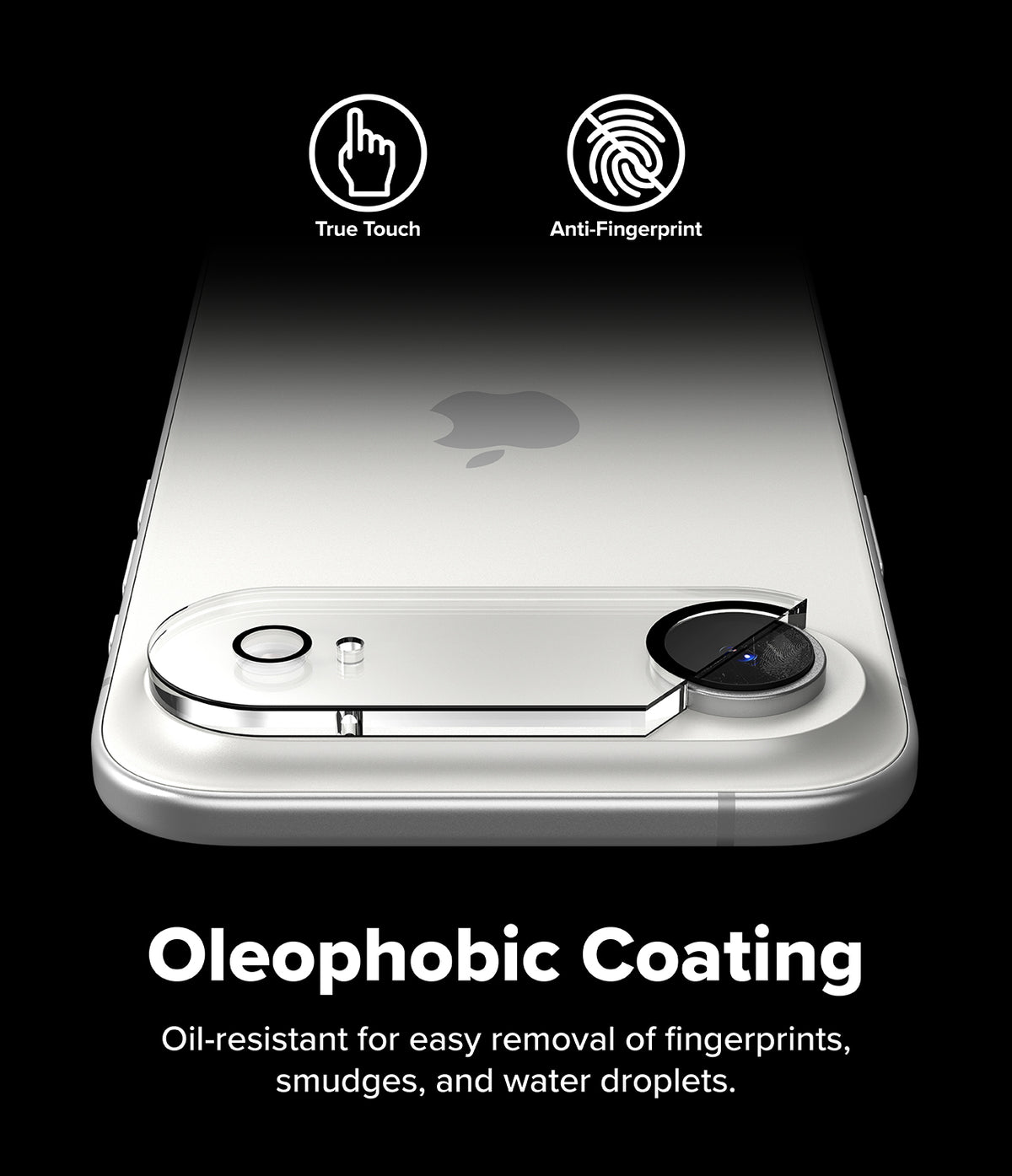 iPhone Air | Camera Glass - Clear lens protector on a silver iPhone, highlighting oleophobic coating and anti-fingerprint features.