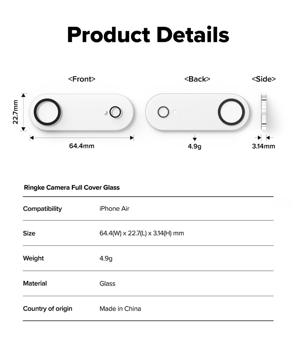 iPhone Air | Camera Glass - Technical diagram showing dimensions, weight, and specifications for the camera cover glass.
