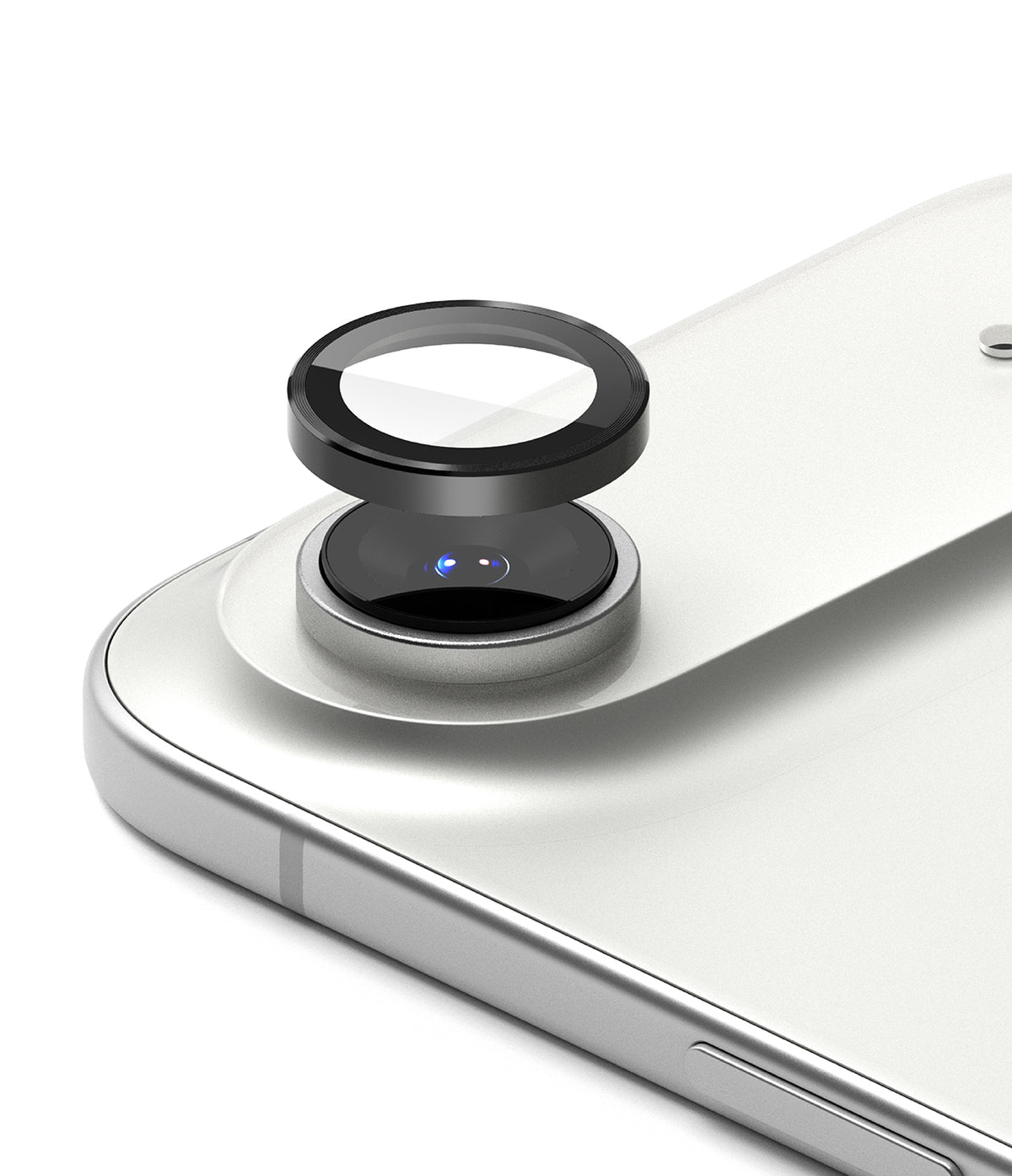 iPhone Air | Camera Lens Frame Glass - A black protective glass ring hovering above the silver iPhone camera lens.