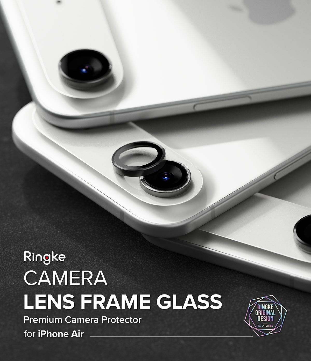iPhone Air | Camera Lens Frame Glass - Black protective ring being placed over the camera lens of a white iPhone.