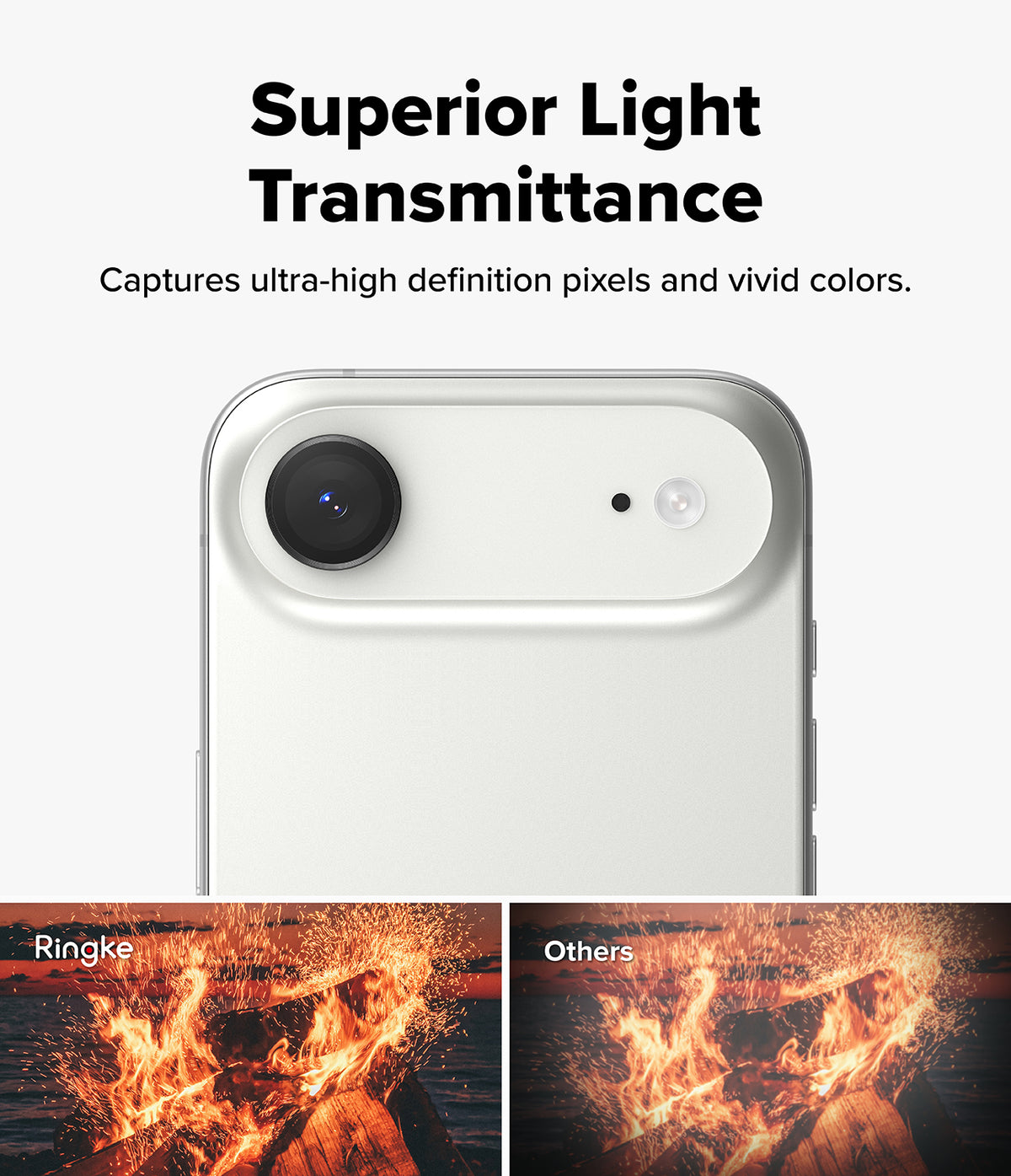 iPhone Air | Camera Lens Frame Glass - Comparison showing clearer fire photography with Ringke lens glass versus others.