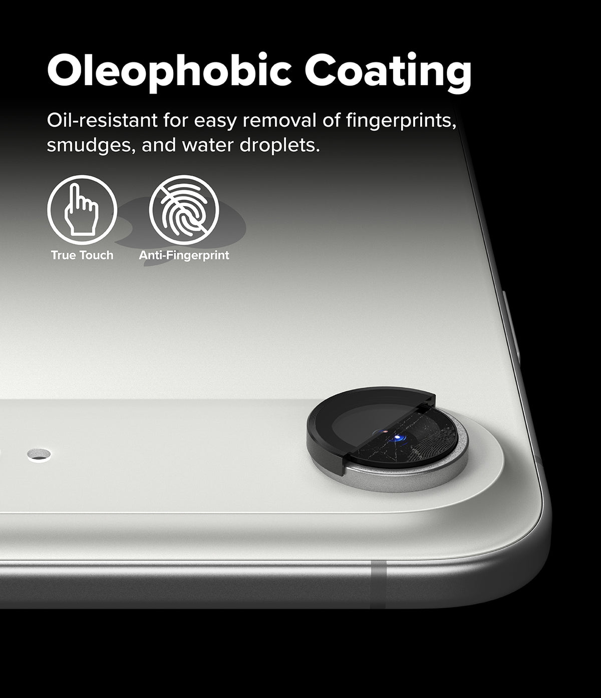 iPhone Air | Camera Lens Frame Glass - Close-up of a phone camera lens protector highlighting oleophobic, anti-fingerprint coating.