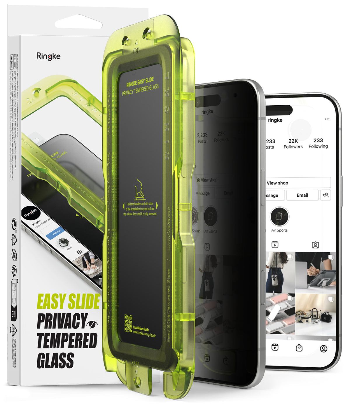 iPhone Air Screen Protector | Easy Slide Privacy Tempered Glass - iPhone Air Screen Protector - Neon green installation tray with privacy glass positioned in front of an iPhone.
