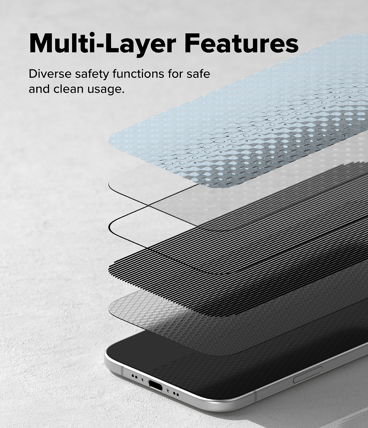 iPhone Air Screen Protector | Easy Slide Privacy Tempered Glass - iPhone Air Screen Protector - Exploded view showing multiple layers of a privacy screen protector above a smartphone.