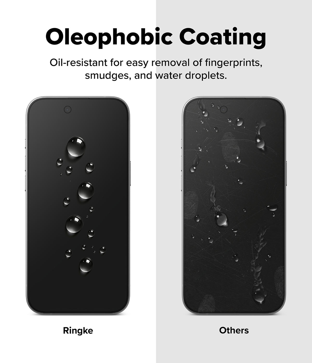 iPhone Air Screen Protector | Easy Slide Privacy Tempered Glass - iPhone Air Screen Protector - Comparison showing water beading on Ringke glass versus smudged, messy screen on others.