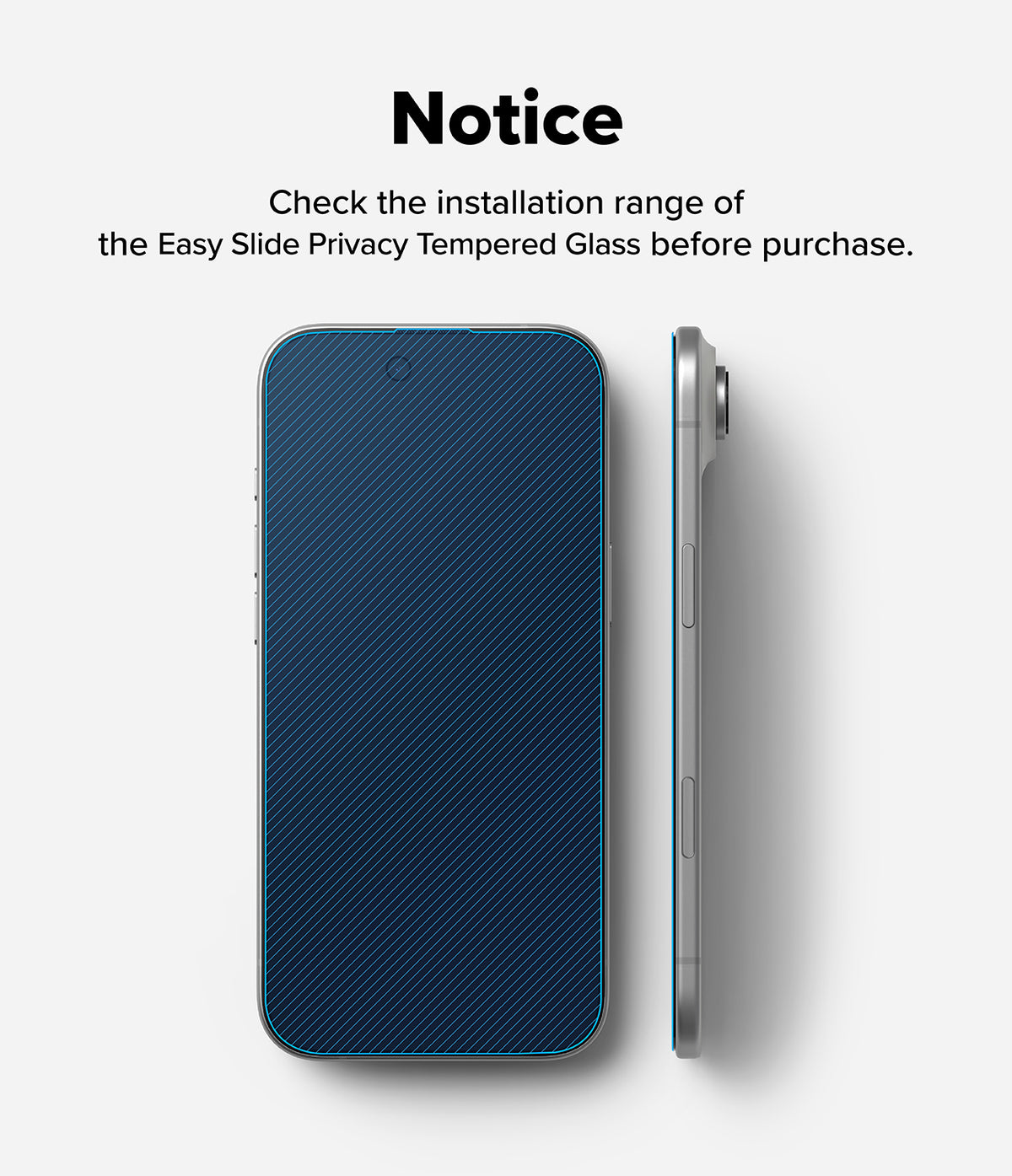 iPhone Air Screen Protector | Easy Slide Privacy Tempered Glass - iPhone Air Screen Protector - Front and side views of a phone with a blue-tinted screen protector installation guide.