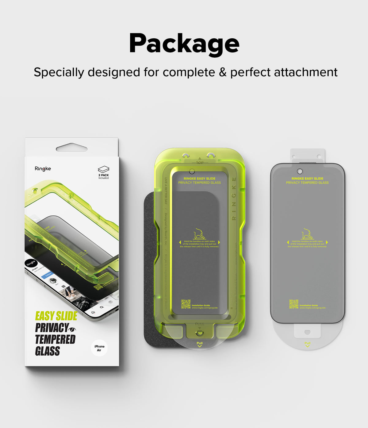 iPhone Air Screen Protector | Easy Slide Privacy Tempered Glass - iPhone Air Screen Protector - Packaging, green installation tray, and privacy tempered glass for iPhone Air.
