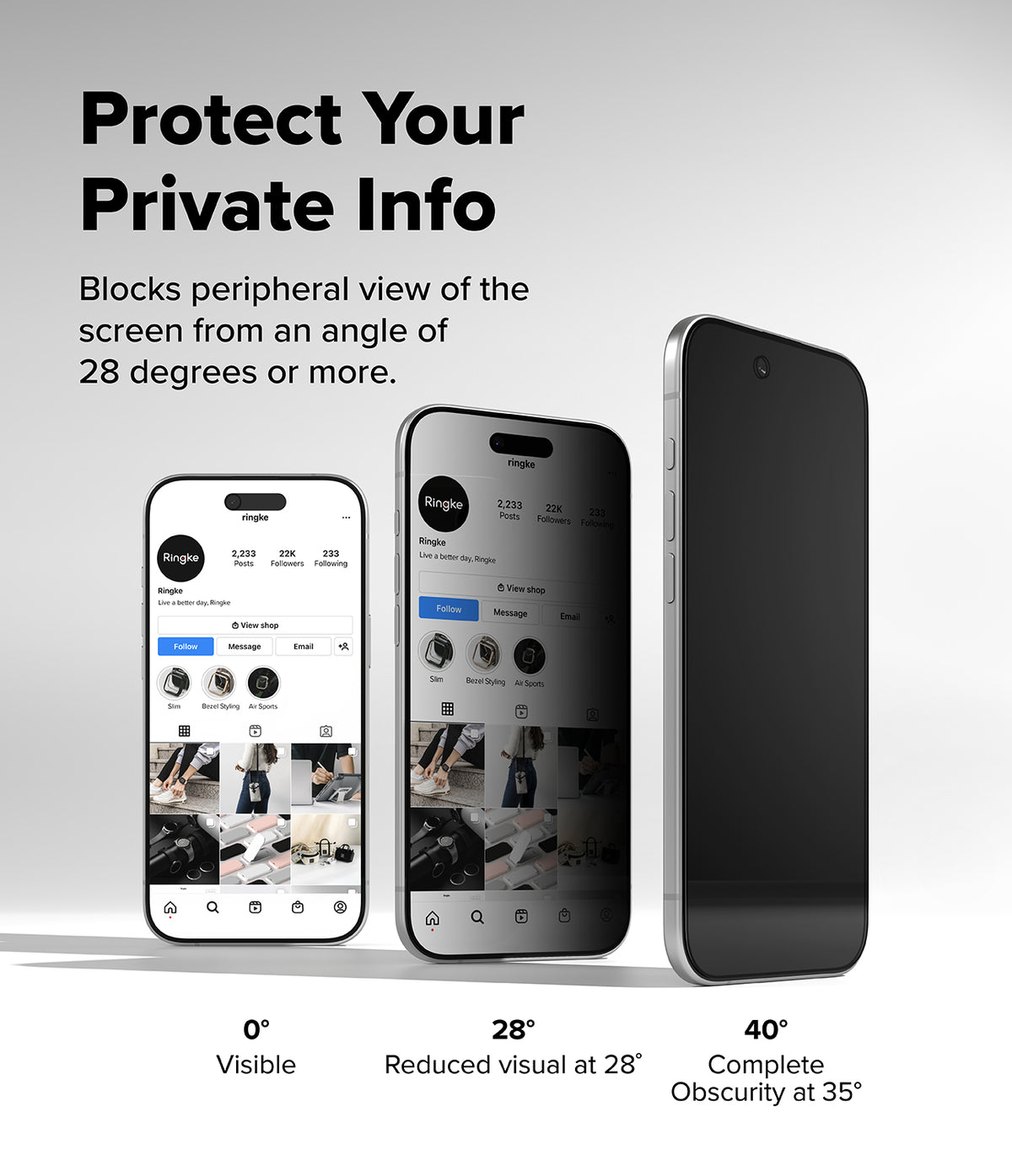 iPhone Air Screen Protector | Easy Slide Privacy Tempered Glass - iPhone Air Screen Protector - Three phones showing privacy glass visibility decreasing from 0 to 40 degrees.