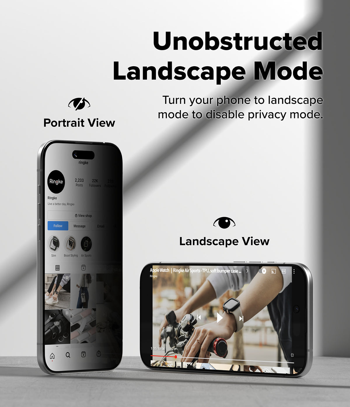 iPhone Air Screen Protector | Easy Slide Privacy Tempered Glass - iPhone Air Screen Protector - Privacy glass showing a dark portrait view and a clear, unobstructed landscape video view.