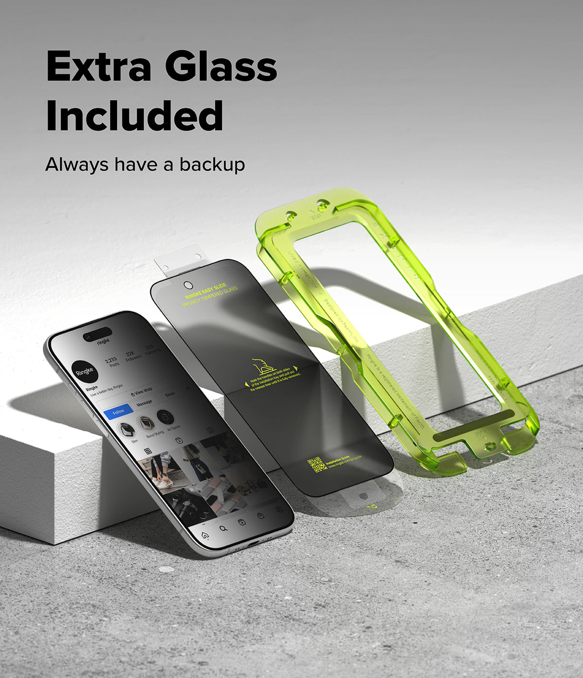 iPhone Air Screen Protector | Easy Slide Privacy Tempered Glass - iPhone Air Screen Protector - Smartphone with privacy glass, a spare screen protector, and a green plastic installation tray.