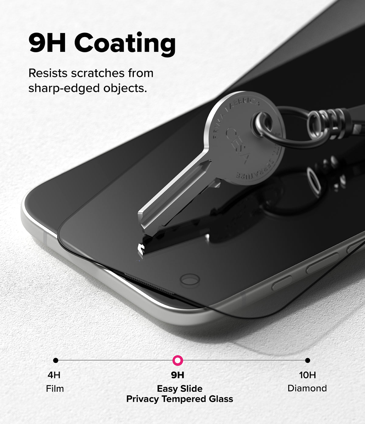 iPhone Air Screen Protector | Easy Slide Privacy Tempered Glass - iPhone Air Screen Protector - A metal key pressing against a smartphone screen protector to demonstrate 9H scratch resistance.