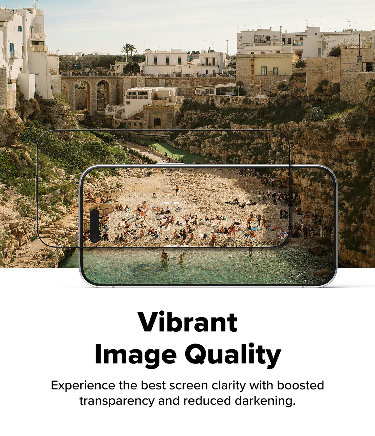 iPhone Air Screen Protector | Easy Slide Privacy Tempered Glass - iPhone Air Screen Protector - A smartphone screen showing a clear, vibrant beach scene through a privacy glass protector.