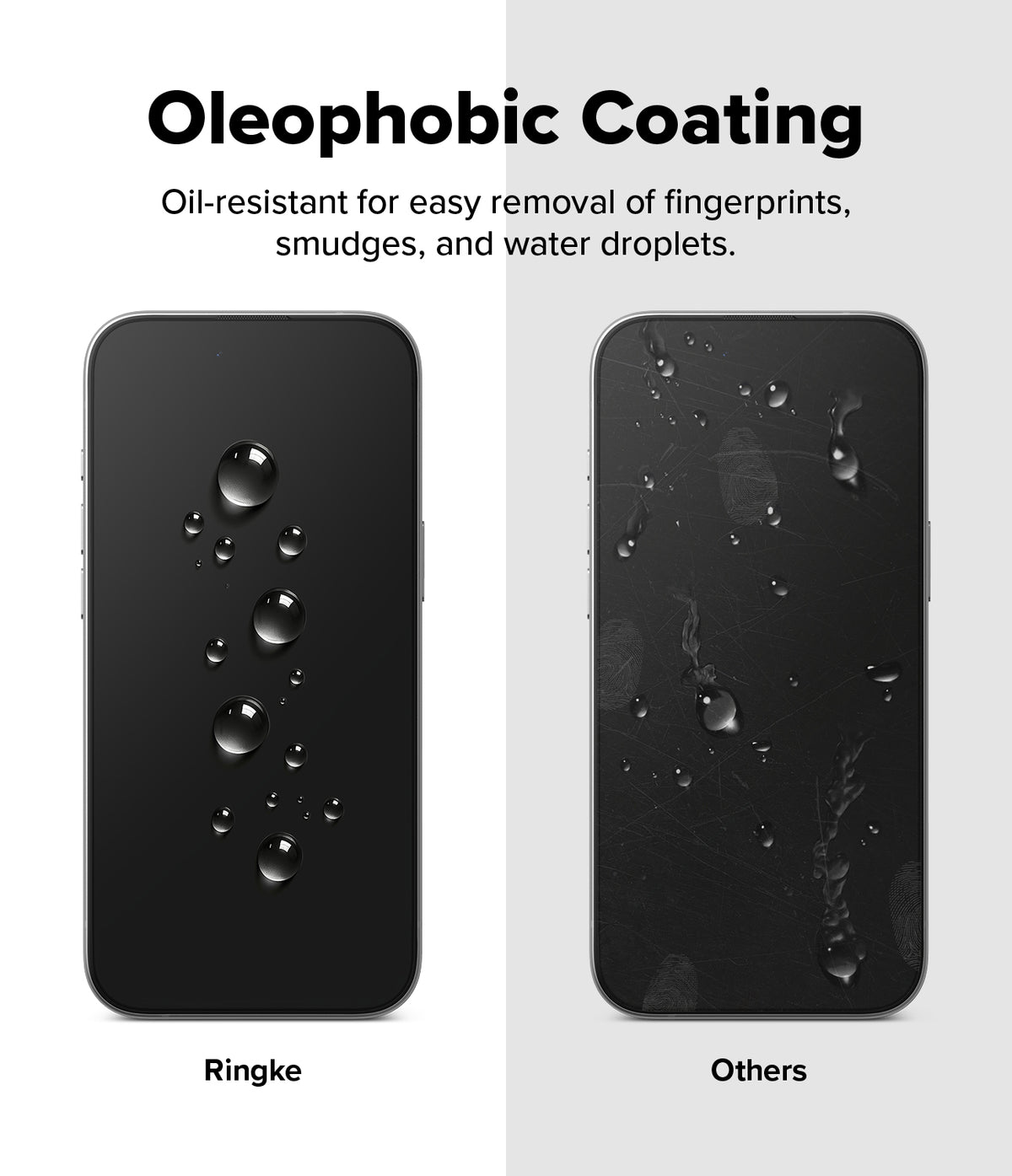 iPhone Air Screen Protector | Easy Slide Tempered Glass - iPhone Air Screen Protector - Comparison showing water beading on a clean Ringke screen versus smudged, messy screen.