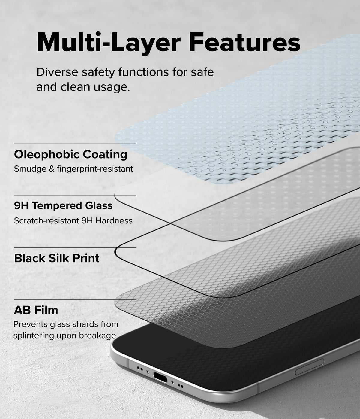 iPhone Air Screen Protector | Easy Slide Tempered Glass - iPhone Air Screen Protector - Exploded view showing four layers of screen protector material stacked above a smartphone.