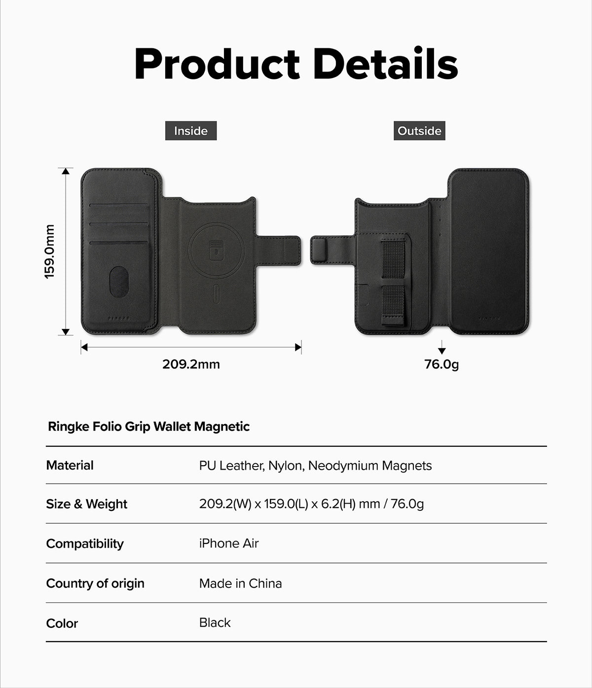 iPhone Air Cover | Folio Grip Wallet Magnetic - Technical diagram showing dimensions and features of the black wallet.