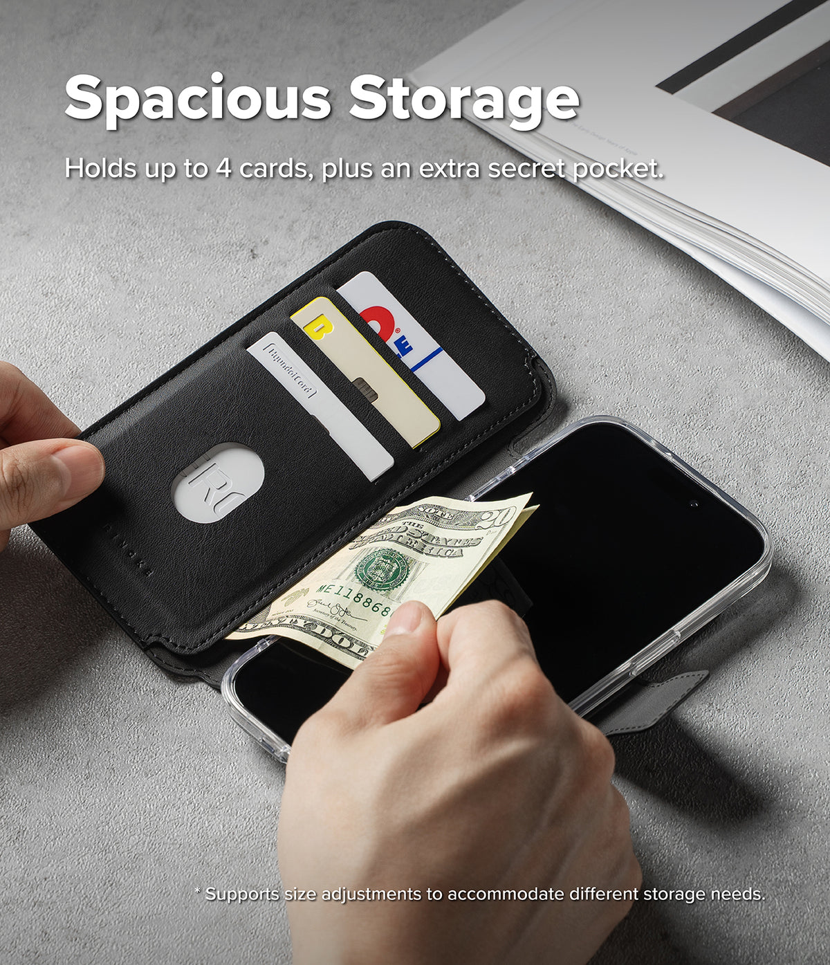 iPhone Air Cover | Folio Grip Wallet Magnetic - iPhone Air Cover - Black magnetic folio wallet case holding cards and cash, showing interior slots and a secret pocket.