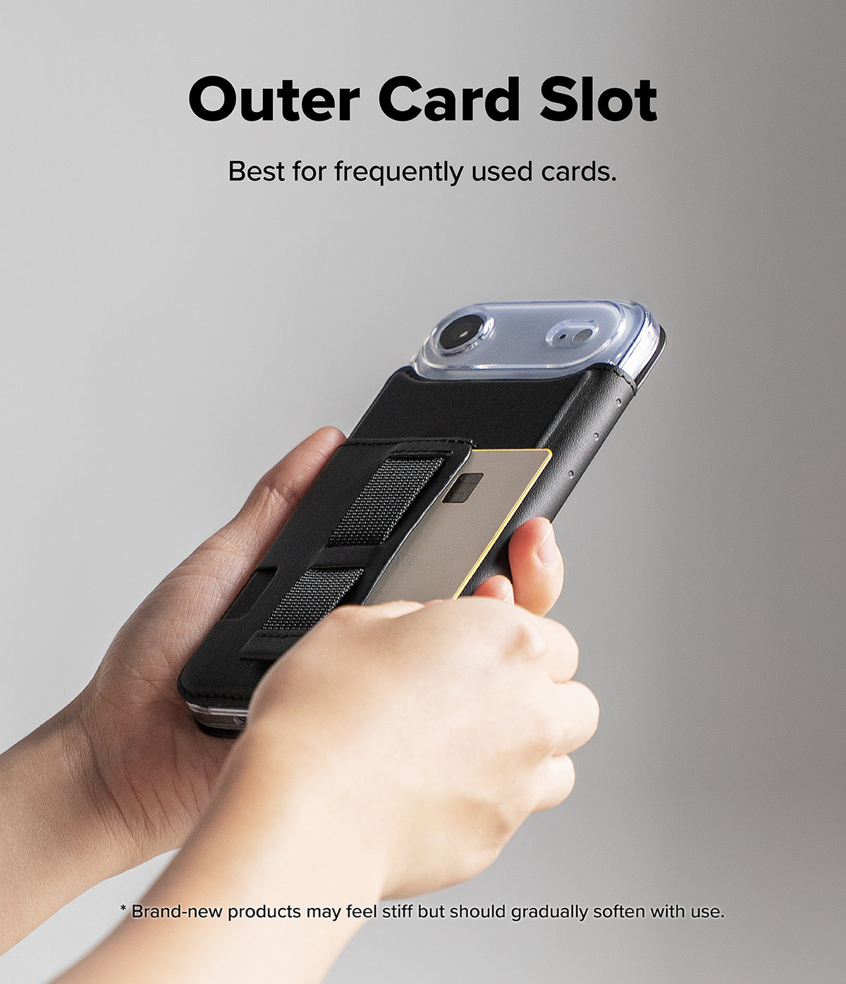 iPhone Air Cover | Folio Grip Wallet Magnetic - iPhone Air Cover - Hand sliding a credit card into the outer slot of a black magnetic folio phone case.