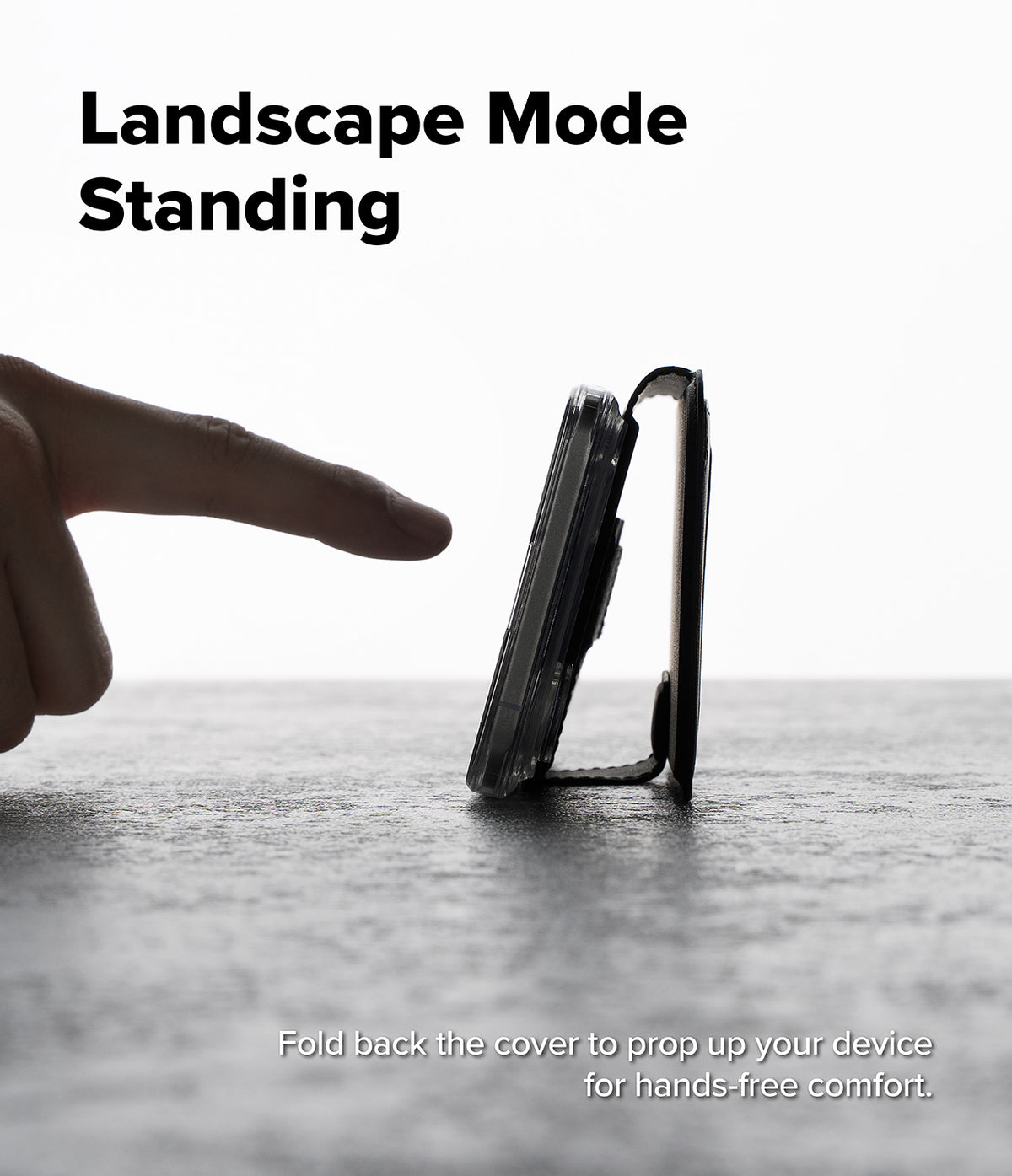 iPhone Air Cover | Folio Grip Wallet Magnetic - A black folio phone case folded to prop up a device on a table.