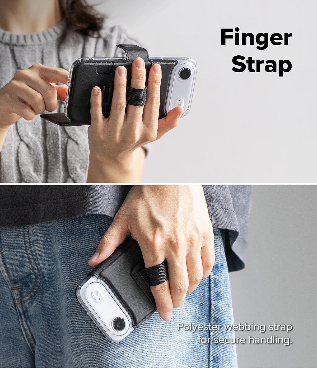 iPhone Air Cover | Folio Grip Wallet Magnetic - Hands holding a phone case with a black polyester finger strap for grip.