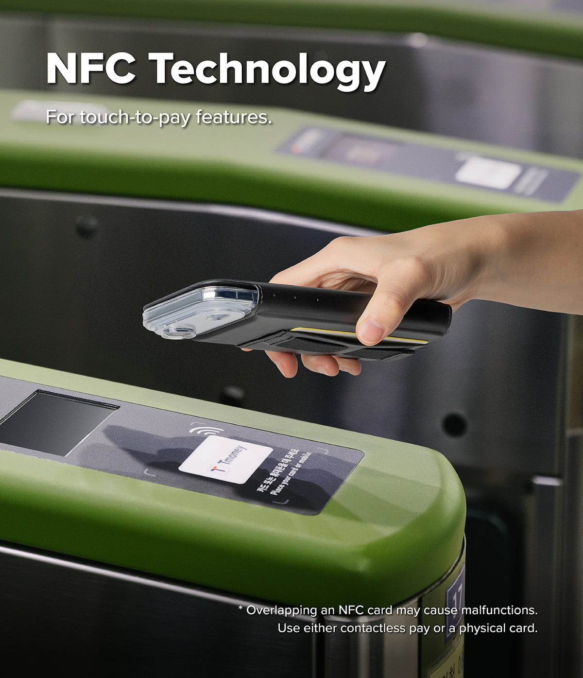 iPhone Air Cover | Folio Grip Wallet Magnetic - Hand holding a phone in a folio case over a subway turnstile reader.