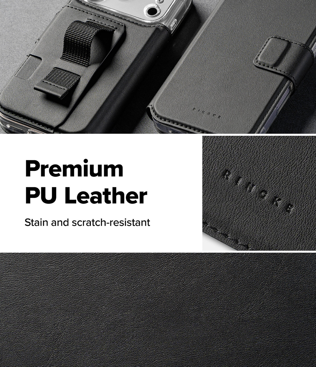 iPhone Air Cover | Folio Grip Wallet Magnetic - Black leather phone case with a finger strap and magnetic folio cover.