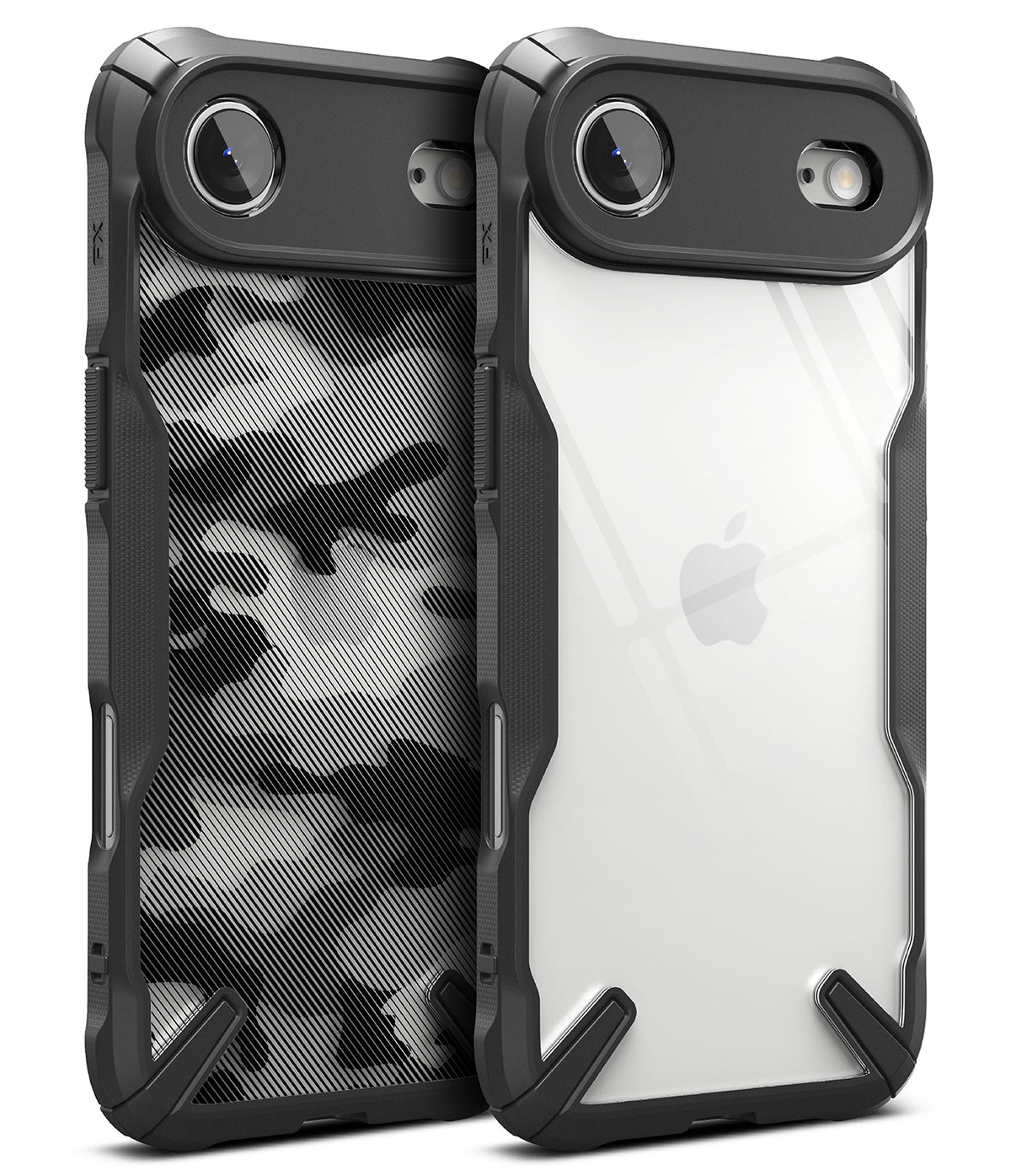 iPhone Air Case | Fusion-X - Two rugged black protective cases, one with camo pattern and one clear, showing camera cutouts.